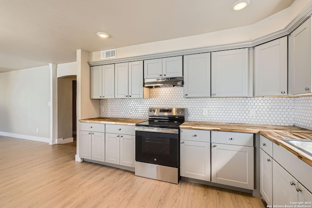 kitchen featuring gray cabinets, stainless steel electric range oven, wood counters, decorative backsplash, and light hardwood / wood-style floors