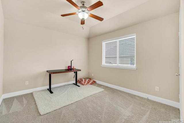 misc room featuring ceiling fan, lofted ceiling, and carpet flooring