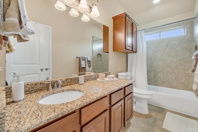 full bathroom with vanity, shower / bathtub combination with curtain, and toilet