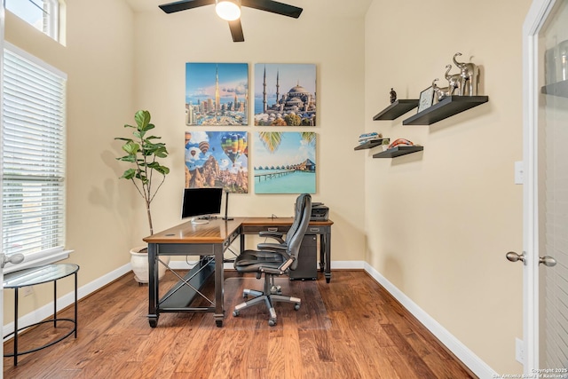 office space with hardwood / wood-style flooring and ceiling fan