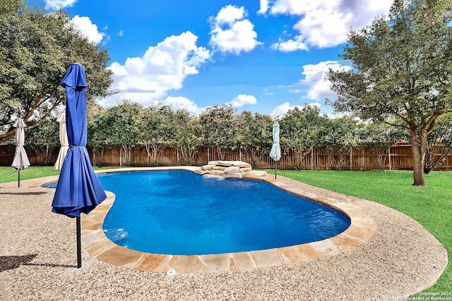 view of pool featuring a yard