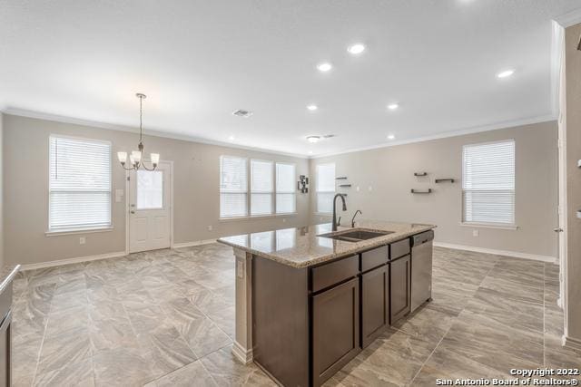 kitchen with dishwasher, sink, dark brown cabinetry, crown molding, and light stone countertops