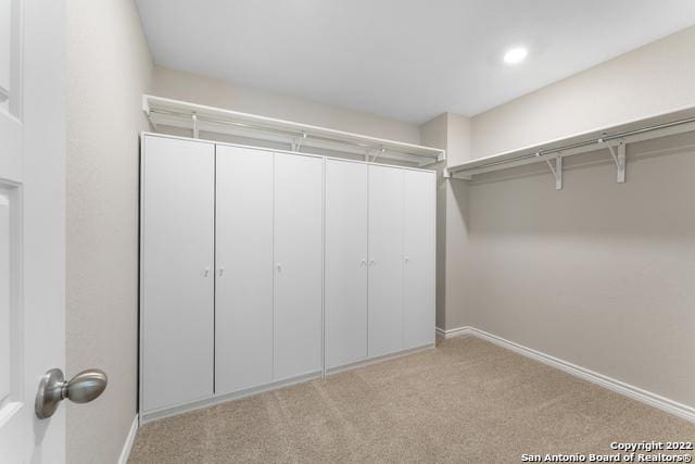 walk in closet featuring light carpet