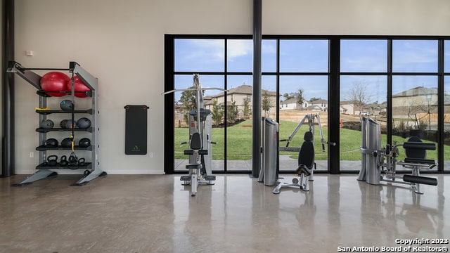 exercise room with a high ceiling