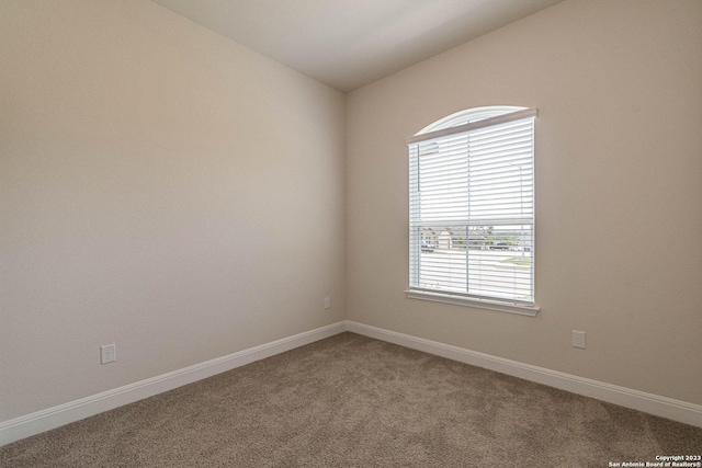 spare room featuring lofted ceiling and carpet