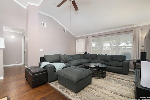 living room featuring ornamental molding, high vaulted ceiling, dark wood-type flooring, and ceiling fan