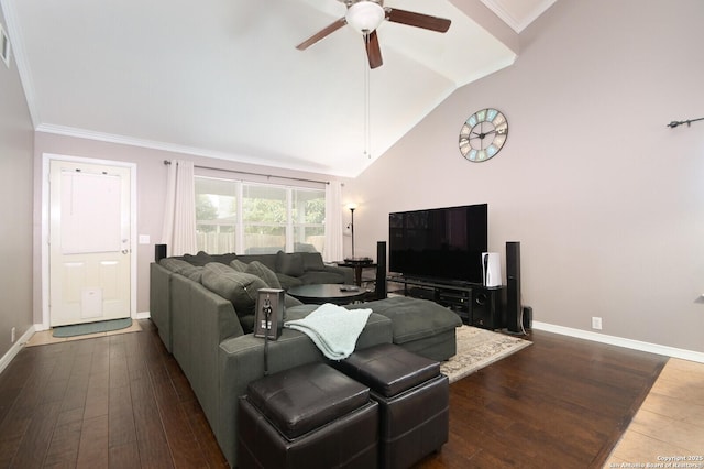 living room with ceiling fan, ornamental molding, dark hardwood / wood-style floors, and high vaulted ceiling