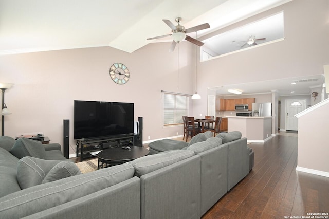 living room with high vaulted ceiling, dark wood-type flooring, and ceiling fan