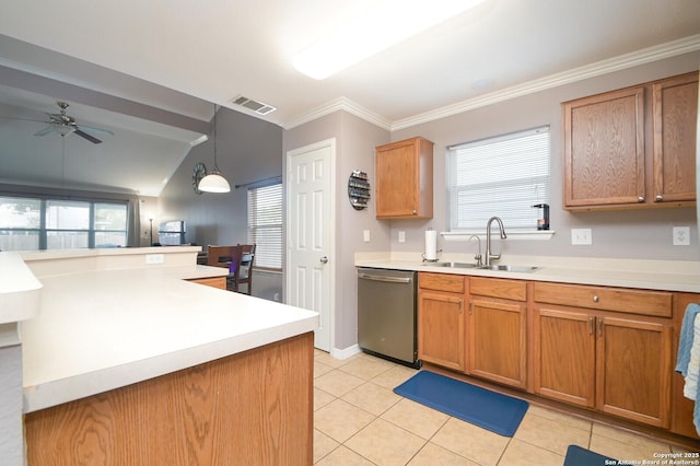 kitchen with sink, hanging light fixtures, light tile patterned floors, kitchen peninsula, and dishwasher