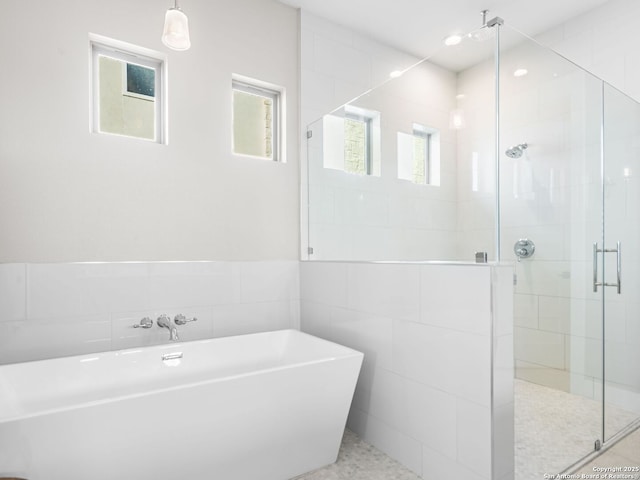 bathroom with separate shower and tub and tile walls