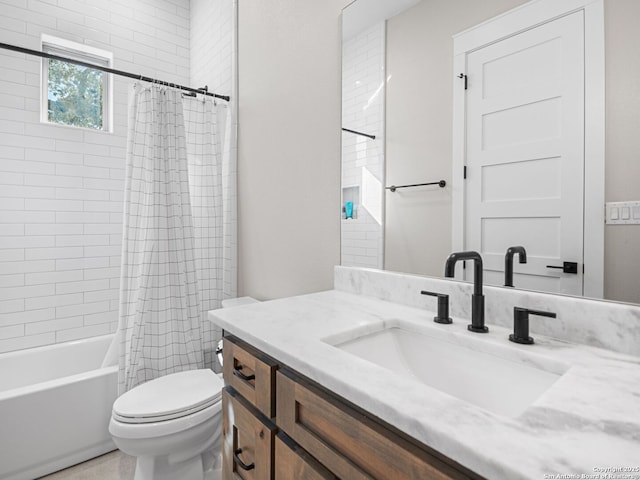 full bathroom with vanity, toilet, and shower / tub combo with curtain