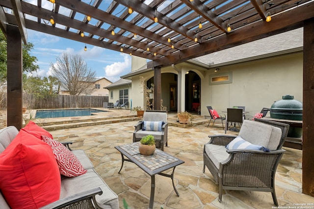 view of patio with a fenced in pool, outdoor lounge area, and a pergola