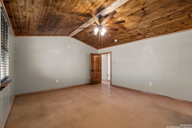 unfurnished room with ceiling fan, lofted ceiling, concrete floors, and wood ceiling