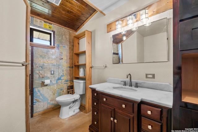 bathroom with wood ceiling, vanity, toilet, and vaulted ceiling