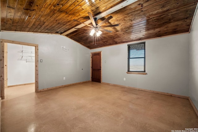 unfurnished room featuring vaulted ceiling, wooden ceiling, and ceiling fan