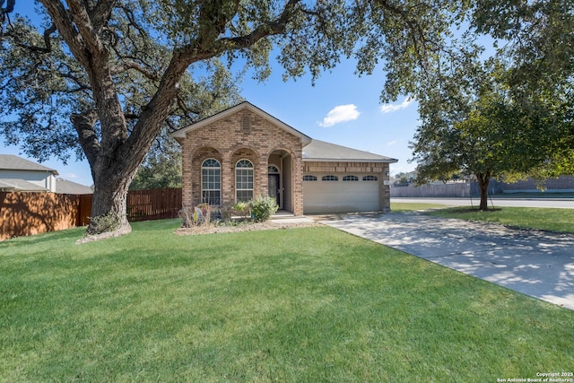 single story home featuring a garage and a front lawn