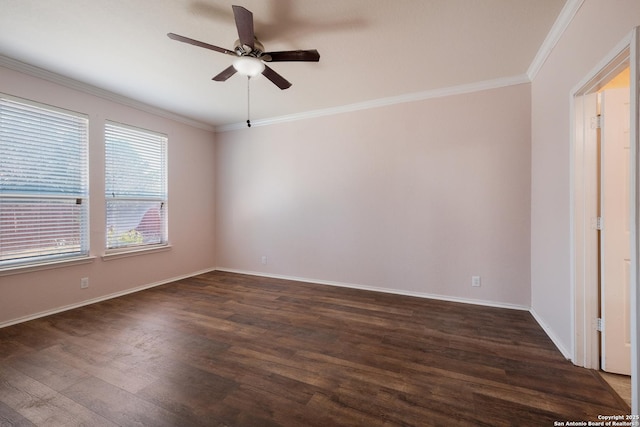 unfurnished room with crown molding, dark wood-type flooring, and ceiling fan