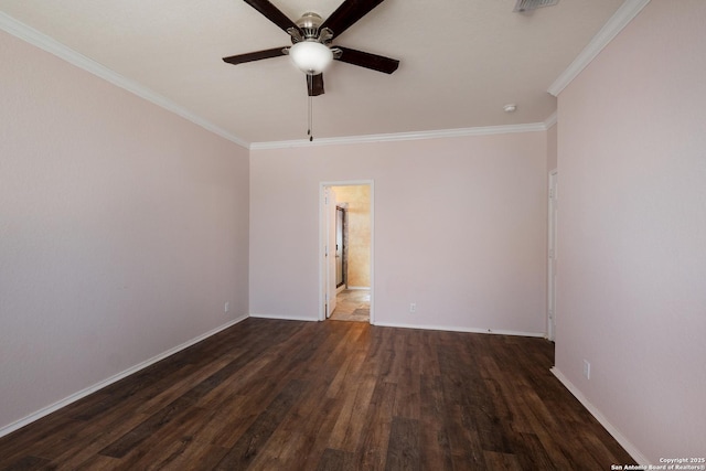 unfurnished room featuring crown molding, dark hardwood / wood-style floors, and ceiling fan