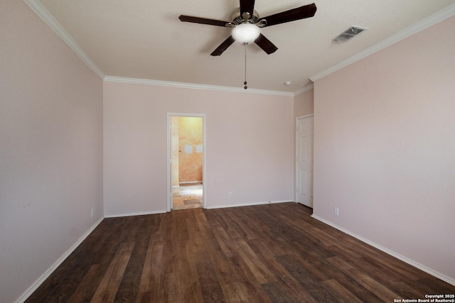 unfurnished room with ceiling fan, ornamental molding, and dark hardwood / wood-style flooring