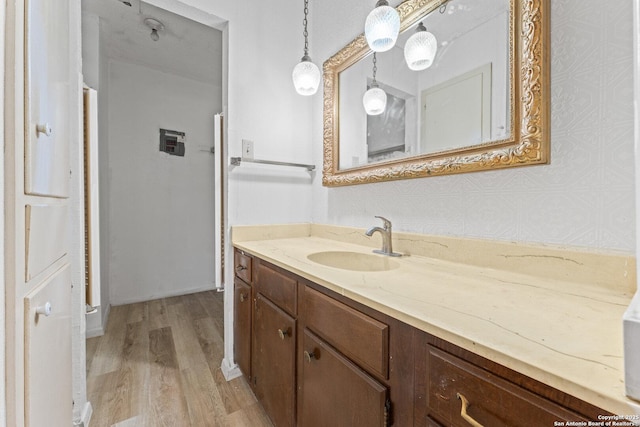 bathroom with vanity and wood-type flooring