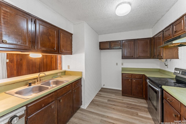 kitchen with electric stove, sink, dishwashing machine, dark brown cabinets, and light hardwood / wood-style flooring