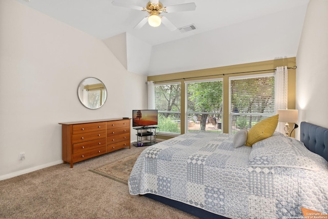 carpeted bedroom featuring ceiling fan and vaulted ceiling