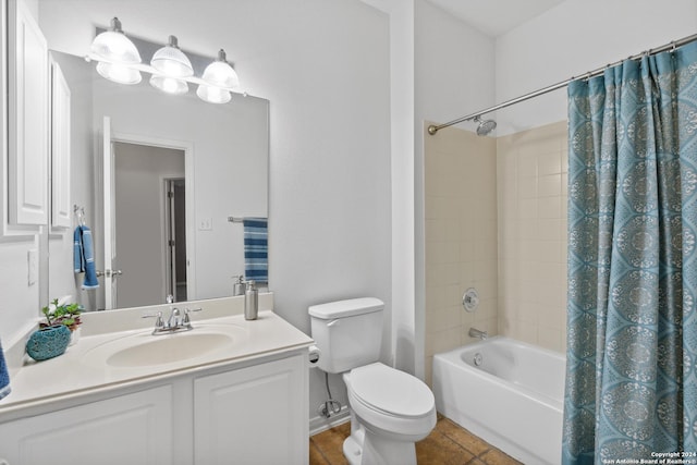 full bathroom featuring vanity, tile patterned floors, shower / bath combination with curtain, and toilet