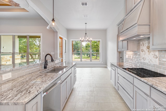 kitchen with dishwasher, sink, hanging light fixtures, custom range hood, and black electric cooktop