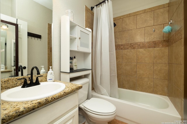 full bathroom with vanity, shower / bath combination with curtain, and toilet