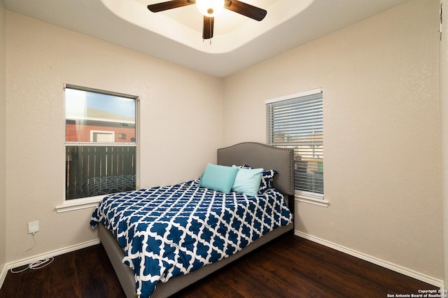 bedroom with dark hardwood / wood-style flooring, a tray ceiling, and ceiling fan