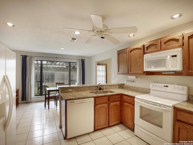 kitchen with light tile patterned floors, sink, white appliances, ceiling fan, and kitchen peninsula