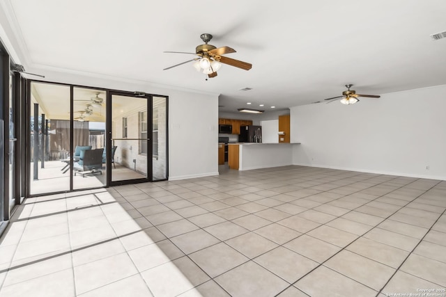 unfurnished living room with ceiling fan, ornamental molding, and light tile patterned floors