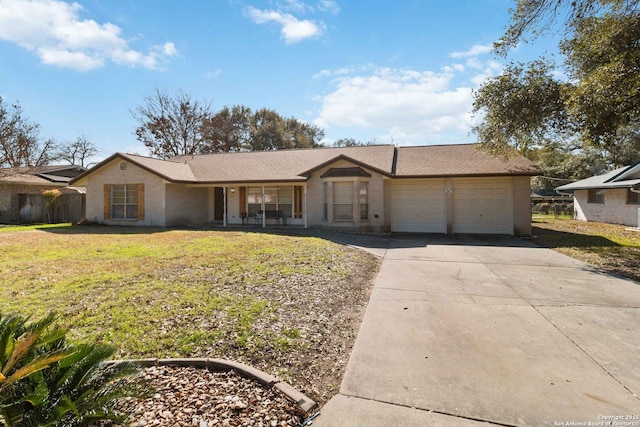 ranch-style house with a garage and a front lawn