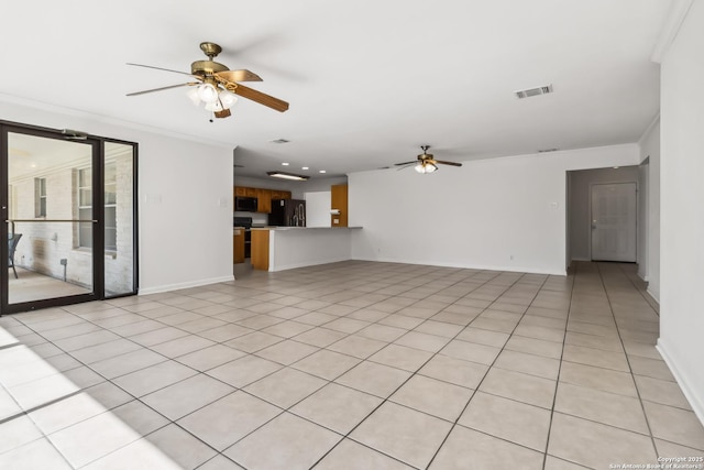 unfurnished living room featuring light tile patterned flooring, ornamental molding, and ceiling fan