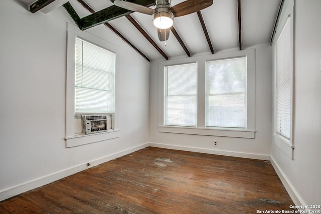 spare room featuring cooling unit, lofted ceiling with beams, dark hardwood / wood-style floors, and ceiling fan