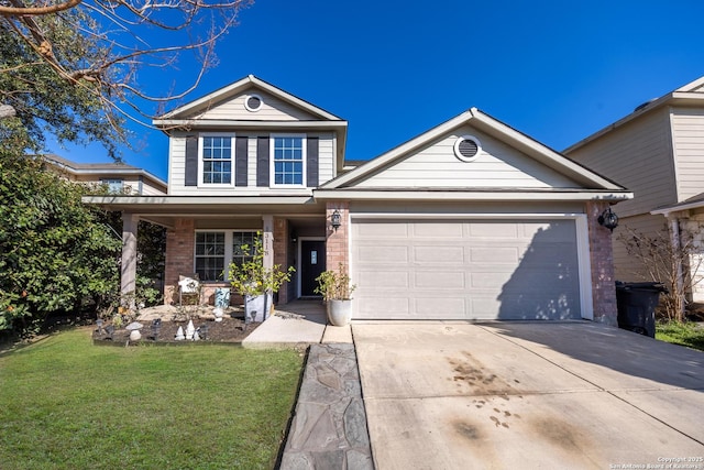 front facade featuring a garage, a front yard, and a porch