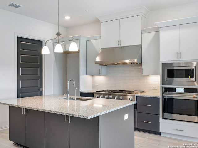 kitchen with pendant lighting, sink, decorative backsplash, a kitchen island with sink, and stainless steel appliances