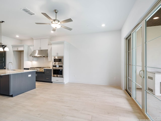 kitchen with white cabinetry, hanging light fixtures, ceiling fan, stainless steel appliances, and backsplash