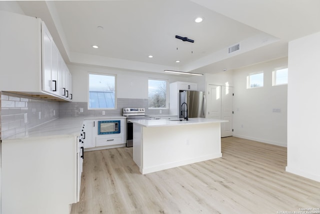 kitchen featuring white cabinetry, stainless steel appliances, a raised ceiling, and a kitchen island