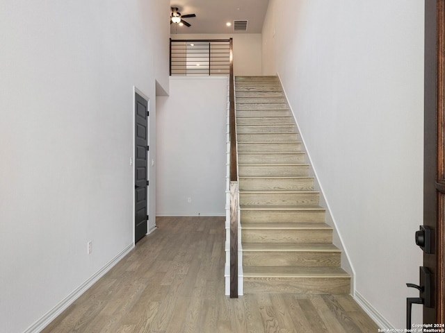 staircase featuring ceiling fan and wood-type flooring