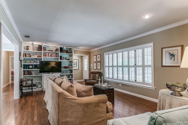 living room featuring ornamental molding and dark hardwood / wood-style flooring