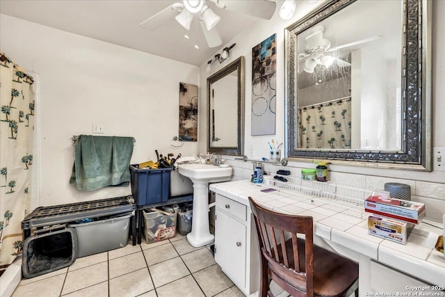 bathroom featuring tile patterned flooring, tasteful backsplash, ceiling fan, and a shower with shower curtain