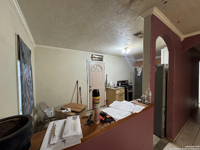 home office with ornamental molding, a textured ceiling, and light tile patterned flooring