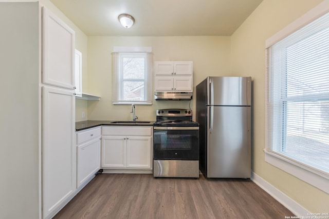 kitchen with white cabinetry, appliances with stainless steel finishes, dark hardwood / wood-style floors, and sink