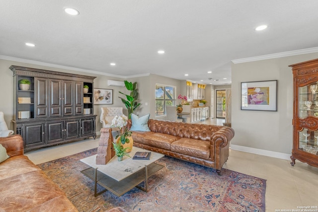 tiled living room featuring ornamental molding and an AC wall unit