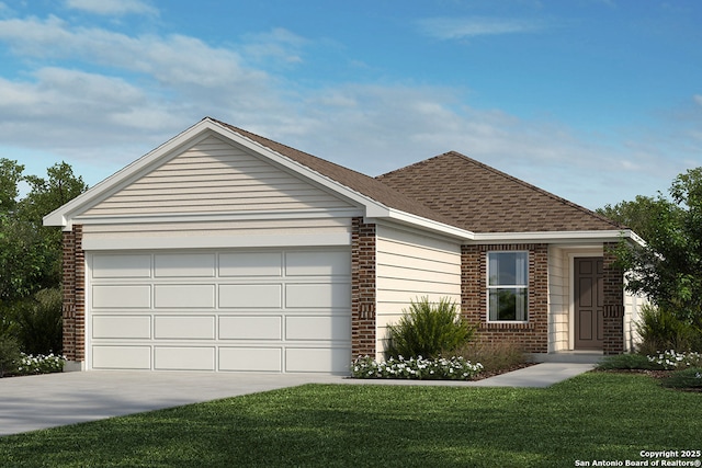 ranch-style house featuring a garage and a front lawn