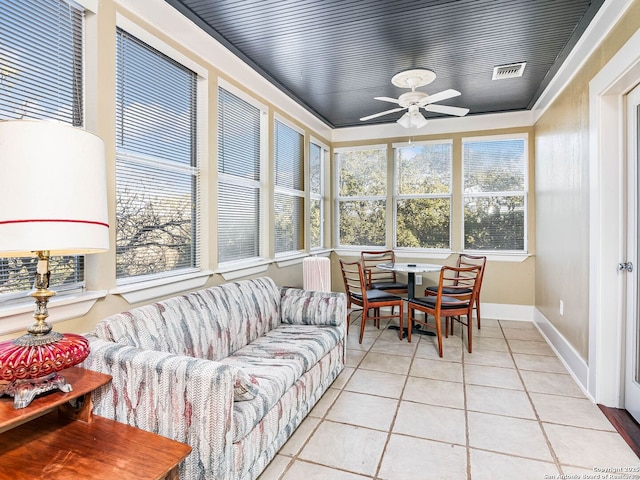 sunroom featuring ceiling fan and plenty of natural light