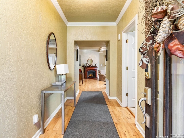 corridor featuring wood-type flooring, ornamental molding, and a textured ceiling