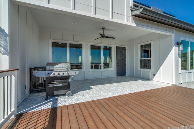 deck featuring a patio, area for grilling, and ceiling fan