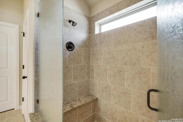 bathroom with tile patterned flooring and a shower stall